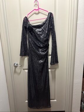 LPA Black Sequin Long-Sleeve Draped Gown